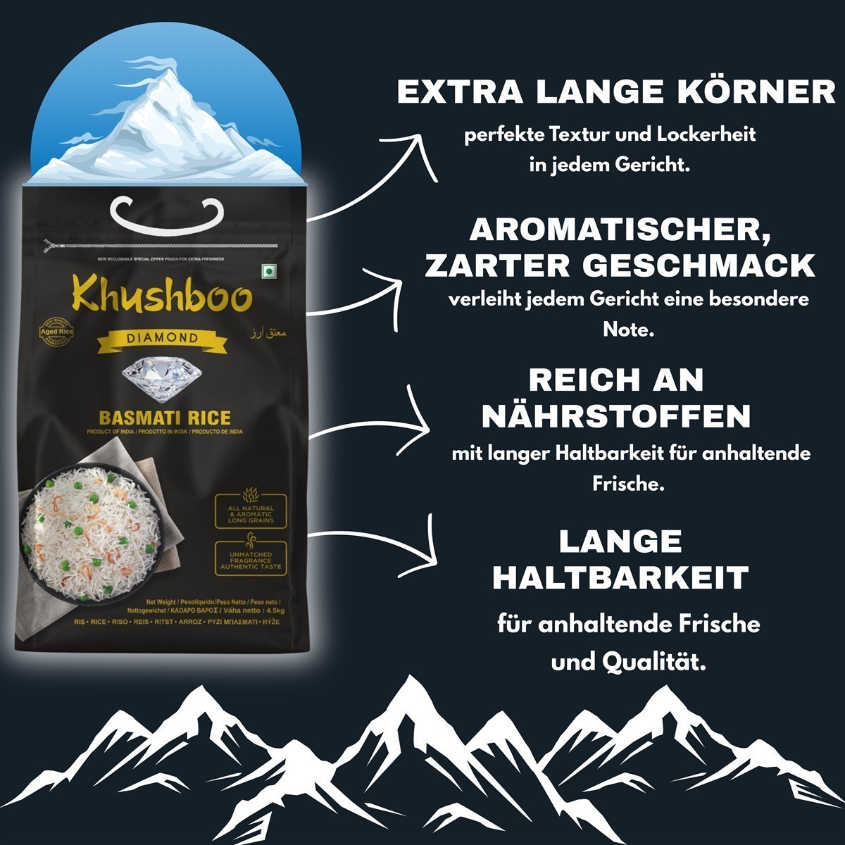 Khushboo Diamond Basmati Reis 4x 4,5 kg aus Indien